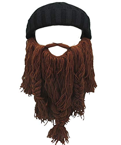 YEKEYI Wikinger Bart Beanie Horn Mütze Winter Warme Maske Gestrickte Wolle Lustige Schädel Kappe, coffee, Einheitsgröße von YEKEYI