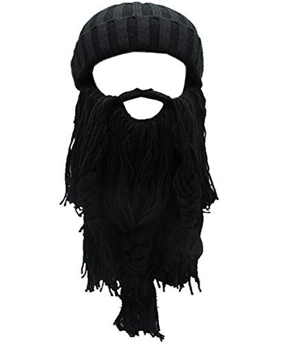 YEKEYI Wikinger Bart Beanie Horn Mütze Winter Warme Maske Gestrickte Wolle Lustige Schädel Kappe, schwarz, Einheitsgröße von YEKEYI