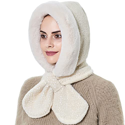 YEKEYI Wintermütze für Damen Warme Kapuzenschal Mütze Fleece Beanie Hüte Schal Maske Winter Sturmhaube Pullover Gestrickte Skimütze, beige, 7 1/8 von YEKEYI