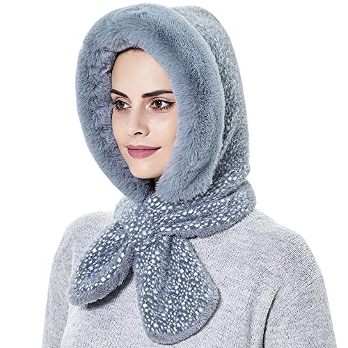 YEKEYI Wintermütze für Frauen Warm Kapuzenschal Mütze Fleece Beanie Mützen Schal Maske Winter Sturmhaube Pullover Strickmütze Skimütze, grau, 7 1/8 von YEKEYI