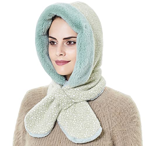 YEKEYI Wintermütze für Frauen Warm Kapuzenschal Mütze Fleece Beanie Mützen Schal Maske Winter Sturmhaube Pullover Strickmütze Skimütze, grün, 7 1/8 von YEKEYI