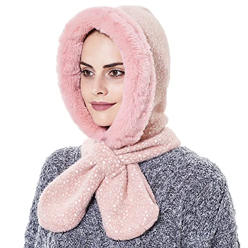 YEKEYI Wintermütze für Frauen Warm Kapuzenschal Mütze Fleece Beanie Mützen Schal Maske Winter Sturmhaube Pullover Strickmütze Skimütze, rose, 7 1/8 von YEKEYI