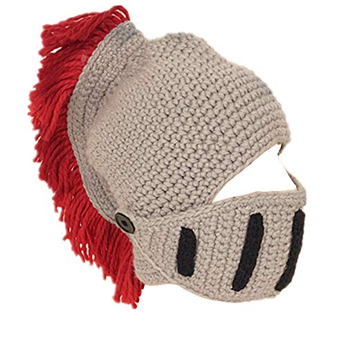 YEKEYI Funny Knight Helm Beanie mit Bartmütze Handmade Gestrickte Winter Dicke Mütze Octopus Mütze Halloween Cosplay Skimaske, rot, Einheitsgröße von YEKEYI