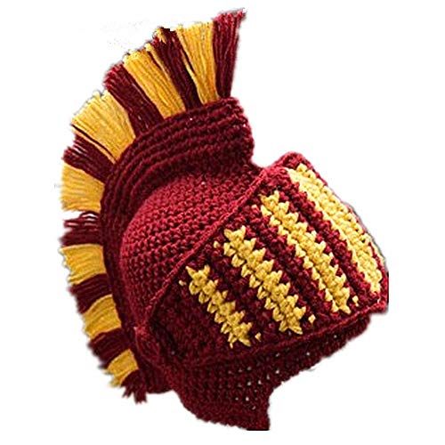 YEKEYI Lustige Ritter Helm Beanie mit Bartmütze Handgemachte Gestrickte Winter Dicke Kappe Octopus Hut Halloween Cosplay Skimaske, weinrot, Einheitsgröße von YEKEYI