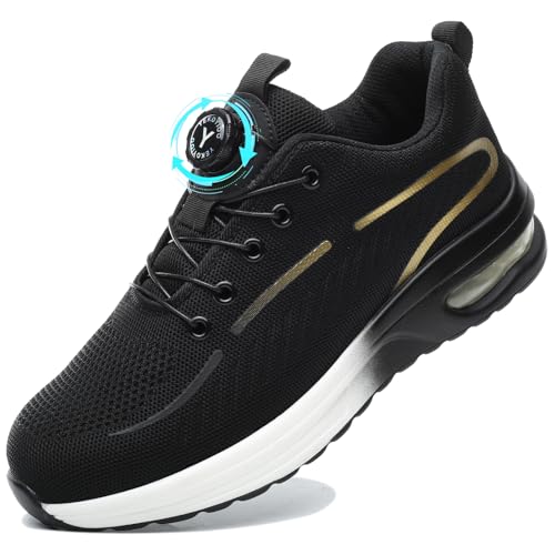 YEKOYIOO Arbeitsschuhe Sicherheitsschuhe Herren Damen Leicht mit Stahlkappe Sportliche Atmungsaktiv Drehknopf Arbeitsschutzschuhe Safety Shoes Gold 46 EU von YEKOYIOO