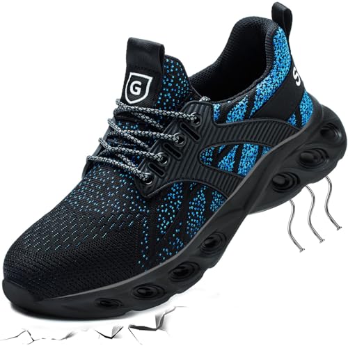 YEKOYIOO Sicherheitsschuhe Damen Arbeitsschuhe Herren Leicht Anti-Smashing Stahlkappenschuhe Herren Bequem Dämpfung Atmungsaktiv Sportlich Schwarz Blau 39 EU von YEKOYIOO