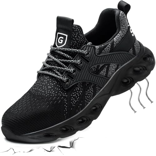 YEKOYIOO Sicherheitsschuhe Herren Leichte Arbeitsschuhe Herren Sportlich Stahlkappenschuhe Herren Bequem Dämpfung Atmungsaktiv Arbeitsschuh Schwarz Grau 43 EU von YEKOYIOO
