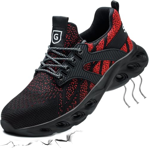 YEKOYIOO Stahlkappenschuhe Arbeitsschuhe 43 EU Sicherheitsschuhe Herren Leicht Sportlich Arbeitsschutzschuhe Unisex Bequem Dämpfung Atmungsaktiv Schwarz Rot von YEKOYIOO