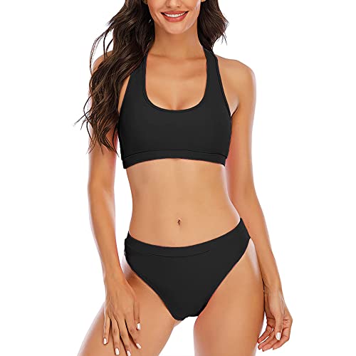 YELAIVP Damen Solid Racerback Athletic Bikinis Sportlich Zweiteiliger Badeanzug Junior Teen Mädchen Sport Badeanzüge, Schwarz, S von YELAIVP