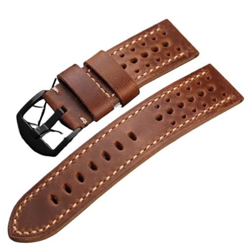 YELEMEABHB Handgemachtes Atmungsaktives Perforiertes Lederarmband 20 22 24 26MM Schwarz Braun Weiches Herrenarmband, Retro-kompatibel For PAM111 441 Uhrenarmband Uhrenarmband(A Brack Buckle,22MM) von YELEMEABHB