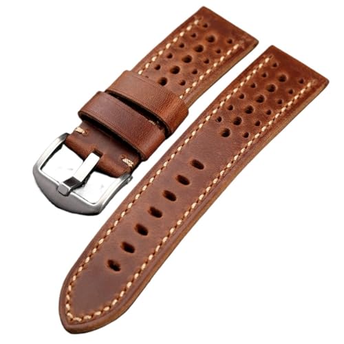 YELEMEABHB Handgemachtes Atmungsaktives Perforiertes Lederarmband 20 22 24 26MM Schwarz Braun Weiches Herrenarmband, Retro-kompatibel For PAM111 441 Uhrenarmband Uhrenarmband(A Silver Buckle,24MM) von YELEMEABHB