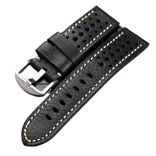 YELEMEABHB Handgemachtes Atmungsaktives Perforiertes Lederarmband 20 22 24 26MM Schwarz Braun Weiches Herrenarmband, Retro-kompatibel For PAM111 441 Uhrenarmband Uhrenarmband(B Silver Buckle,24MM) von YELEMEABHB
