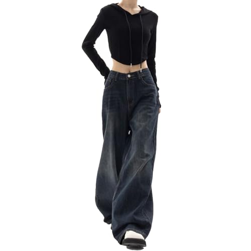 YELLOOP Y2k Jeans Y2k Hose für Damen, Y2k Baggy-Jeans für Damen, weites Bein, Herbstmode, 2023 Hosen, Dark, S von YELLOOP