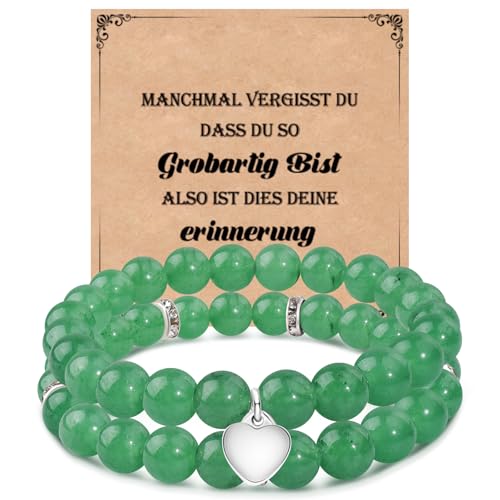 YELUWA 2 PCS Armband Für Damen, 8mm Naturstein Armband Geschenk Inspirierendes Armband Geburtstagsgeschenk Für Frauen Mädchen Besten Freunde Mutter Töchter Paar Freundschafts Schwester Grüne Jade von YELUWA
