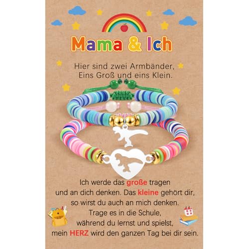 YELUWA 2PCS Zurück Zu Schule Geschenke Mutter Sohn Armband Mama Und Ich Armband Ersten Tag Der Schule Vorschule Kindergarten Passend Wunsch Dinosaurier Armbänder Set Für Mutter Sohn Jungen Rosa & Blau von YELUWA