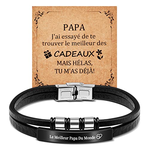 YELUWA Armband aus geflochtenem Leder Le Meilleur Papa Du Monde, Vatertagsgeschenk für Papa mit Schachtel und Karte, Geburtstagsgeschenk, Männerarmband mit eingraviertem Text von Sohn zu Tochter von YELUWA