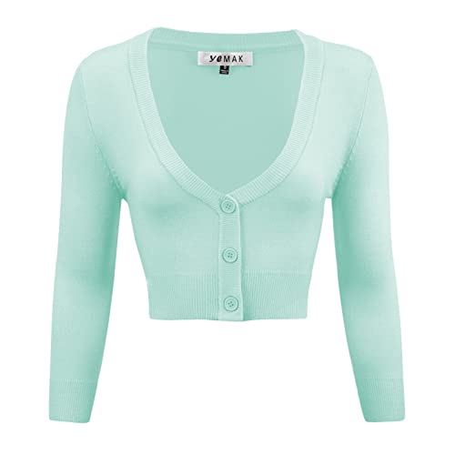 YEMAK Damen Cropped Bolero 3/4 Arm Button Down Cardigan Sweater (S-4X) - Blau - Mittel von YEMAK