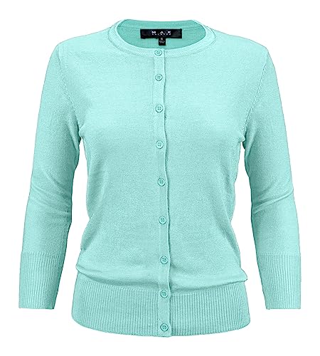 YEMAK Damen Strickcardigan Sweater - 3/4 Arm Crewneck Basic Classic Casual Button Down Weich Leicht Stricktop CO079-IBL-S Ice Blue von YEMAK