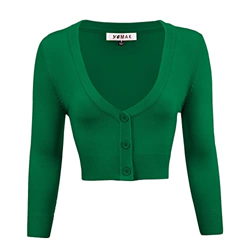 YEMAK Damen Cropped Bolero 3/4 Arm Button Down Cardigan Sweater (S-4X) - Grün - Klein von YEMAK