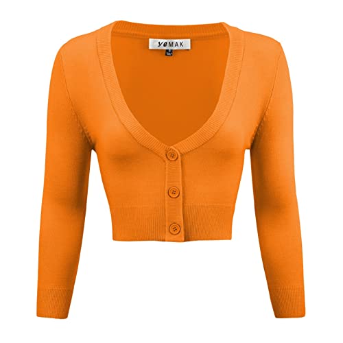 YEMAK Damen Cropped Bolero 3/4 Arm Button Down Cardigan Sweater (S-4X) - Orange - Klein von YEMAK