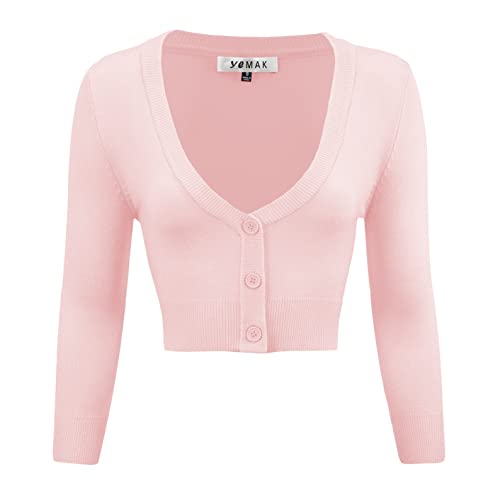 YEMAK Damen Cropped Bolero 3/4 Arm Button Down Cardigan Sweater (S-4X) - Pink - Klein von YEMAK