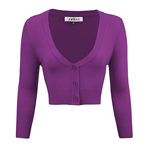 YEMAK Damen Cropped Bolero 3/4 Arm Button Down Cardigan Sweater (S-4X) - Violett - 1X von YEMAK