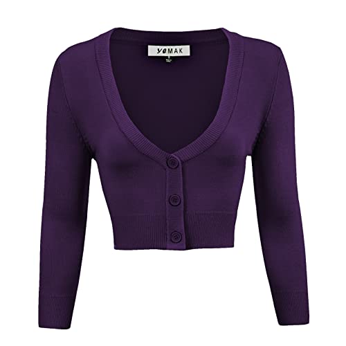 YEMAK Damen Cropped Bolero 3/4 Arm Button Down Cardigan Sweater (S-4X) - Violett - Mittel von YEMAK