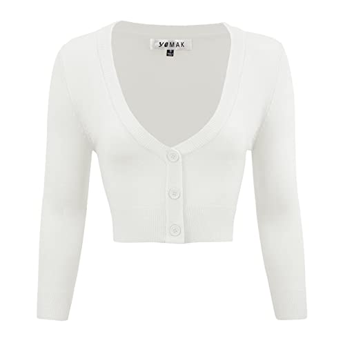 YEMAK Damen Cropped Bolero 3/4 Arm Button Down Cardigan Sweater (S-4X) - Weiß - 1X von YEMAK