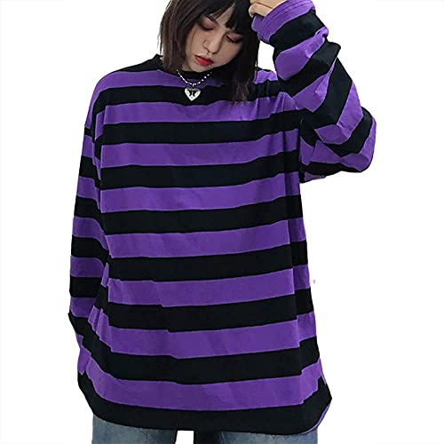 Damen Harajuku Überdimensioniert Streifen Lässig Lange Ärmel Crewneck T-Shirt Tops von YEMOCILE