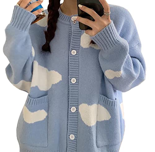 Frauen Kawaii Wolke Strickcardigan Langarm Button Down Cute Cardigan Pullover mit Taschen, blau, Einheitsgröße von YEMOCILE