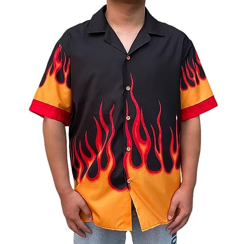 YEMOCILE Button Down Oversized Short T-Shirt für Männer Frauen Teenager Loose Fit Shirts mit Flammen-Grafik, Farbe1, XL von YEMOCILE