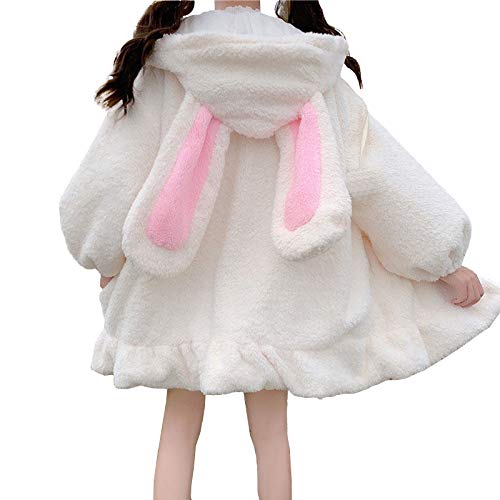 YEMOCILE Damen Cute Bunny Ear Langarm Fuzzy Fluffy Rabbit Tops Sweatshirt Hoodie Jacke Mäntel,Weiß,L von YEMOCILE