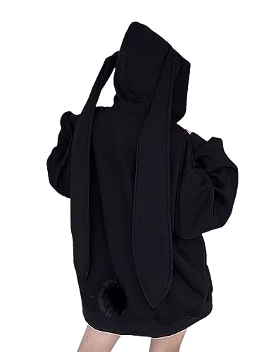 YEMOCILE Damen Kawaii Bunny Ear Oversized Hoodie Reißverschluss Langarm Kaninchen Kapuzen-Sweatshirt, Schwarz, M von YEMOCILE