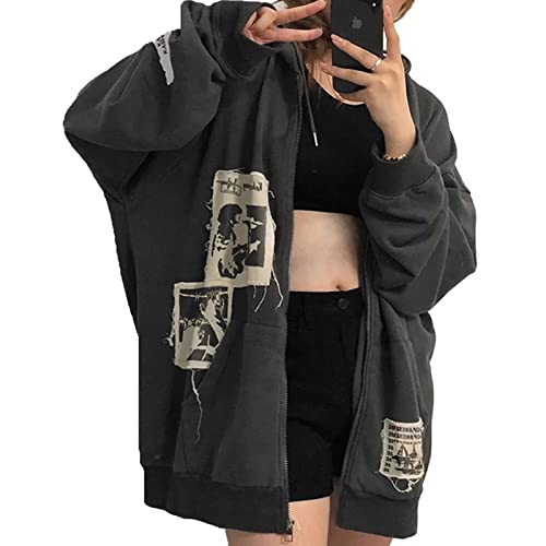 YEMOCILE Damen Oversize Hoodie Reißverschluss Vintage Grafik Buchstaben Druck Sweatshirt Kapuzenpullover Jacke von YEMOCILE