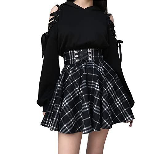 YEMOCILE Damen süßer karierter Mini-Faltenrock mit hoher Taille im Gothic-Stil, A-Linie, zum Schnüren, Schwarz von YEMOCILE