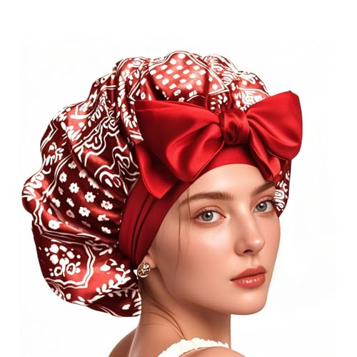 YENTEN Satin Haarhaube für Damen, Doppelseitig Seidenhaube Zum Schlafen Schlafhaube Haare Schützen für die Nacht Bonnet mit elastischem Band Rot von YENTEN
