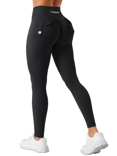 YEOREO CoreFlex Sport Leggings Damen Mit Taschen Gym Legging High Waist Butt Lifting Workout Yoga Fitness Leggings Seamless Push Up Blickdicht Legging Schwarz L von YEOREO