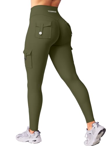 YEOREO CoreFlex Sport Leggings Damen Mit Taschen Invisible Scrunch Butt Gym Leggings High Waist Boom Booty Seamless Push Up Blickdicht Yoga Sport Leggings Armeegrün XS von YEOREO
