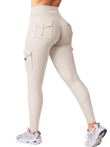 YEOREO CoreFlex Sport Leggings Damen Mit Taschen Invisible Scrunch Butt Gym Leggings High Waist Boom Booty Seamless Push Up Blickdicht Yoga Sport Leggings Hellkhaki XS von YEOREO