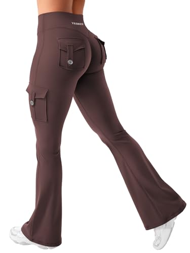 YEOREO Damen Flare Leggings mit 4 Pockets Invisible Scrunch Butt Sport Leggings High Waist Schlaghosen Workout Seamless Push Up Blickdicht Yoga Gym Legging Braun M von YEOREO
