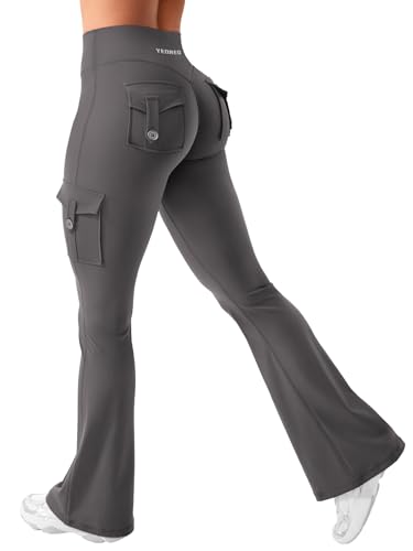 YEOREO CoreFlex Damen Flare Leggings mit 4 Pockets Invisible Scrunch Butt Sport Leggings High Waist Schlaghosen Workout Seamless Push Up Blickdicht Yoga Gym Legging Dunkelgrau M von YEOREO