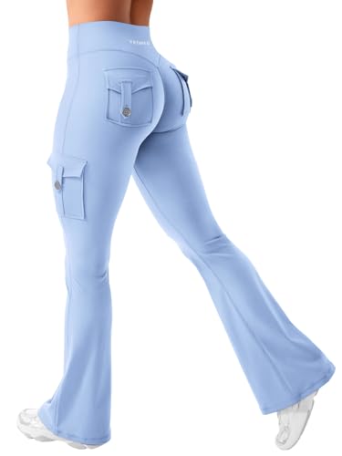 YEOREO Damen Flare Leggings mit 4 Pockets Invisible Scrunch Butt Sport Leggings High Waist Schlaghosen Workout Seamless Push Up Blickdicht Yoga Gym Legging Hellblau L von YEOREO