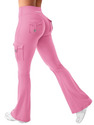 YEOREO CoreFlex Damen Flare Leggings mit 4 Pockets Invisible Scrunch Butt Sport Leggings High Waist Schlaghosen Workout Seamless Push Up Blickdicht Yoga Gym Legging Rosa M von YEOREO