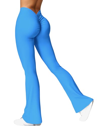YEOREO Damen Flared Leggings V-Ausschnitt Taille Scrunch Workout Leggings High Waisted Butt Lifting Nahtlose Gym Yoga Schlaghose Blau L von YEOREO