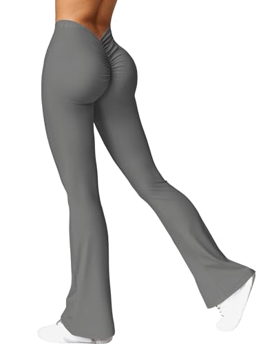 YEOREO Damen Flared Leggings V-Ausschnitt Taille Scrunch Workout Leggings High Waisted Butt Lifting Nahtlose Gym Yoga Schlaghose Grau XL von YEOREO