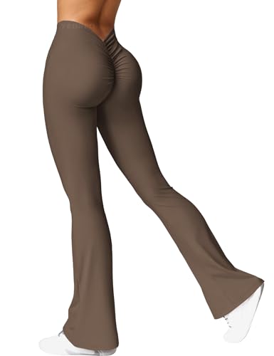 YEOREO Damen Flared Leggings V-Ausschnitt Taille Scrunch Workout Leggings High Waisted Butt Lifting Nahtlose Gym Yoga Schlaghose Kaffee M von YEOREO
