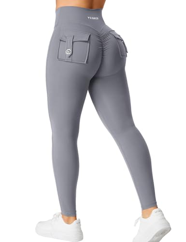 YEOREO CoreFlex Damen Sport Leggings mit Pockets V Taille Gym Leggings Butt Lifting Workout Yoga Fitness Leggings Blau Grau S von YEOREO