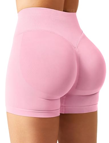 YEOREO SoftHue Damen Sport Shorts Invisible Scrunch Butt Lifting Gym Workout Shorts 4.5" Seamless Kurze Leggings Damen Push Up Booty Biker Shorts Rosa M von YEOREO
