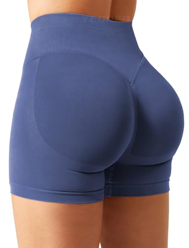 YEOREO SoftHue Damen Sport Shorts Invisible Scrunch Butt Lifting Gym Workout Shorts 4.5" Seamless Kurze Leggings Damen Push Up Booty Biker Shorts Graublau L von YEOREO