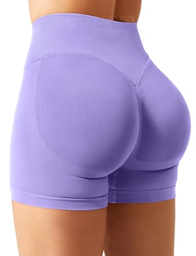 YEOREO Damen Sport Shorts Invisible Scrunch Butt Lifting Gym Workout Shorts 4.5" Seamless Push Up Booty Kurze Leggings Hellviolett XL von YEOREO